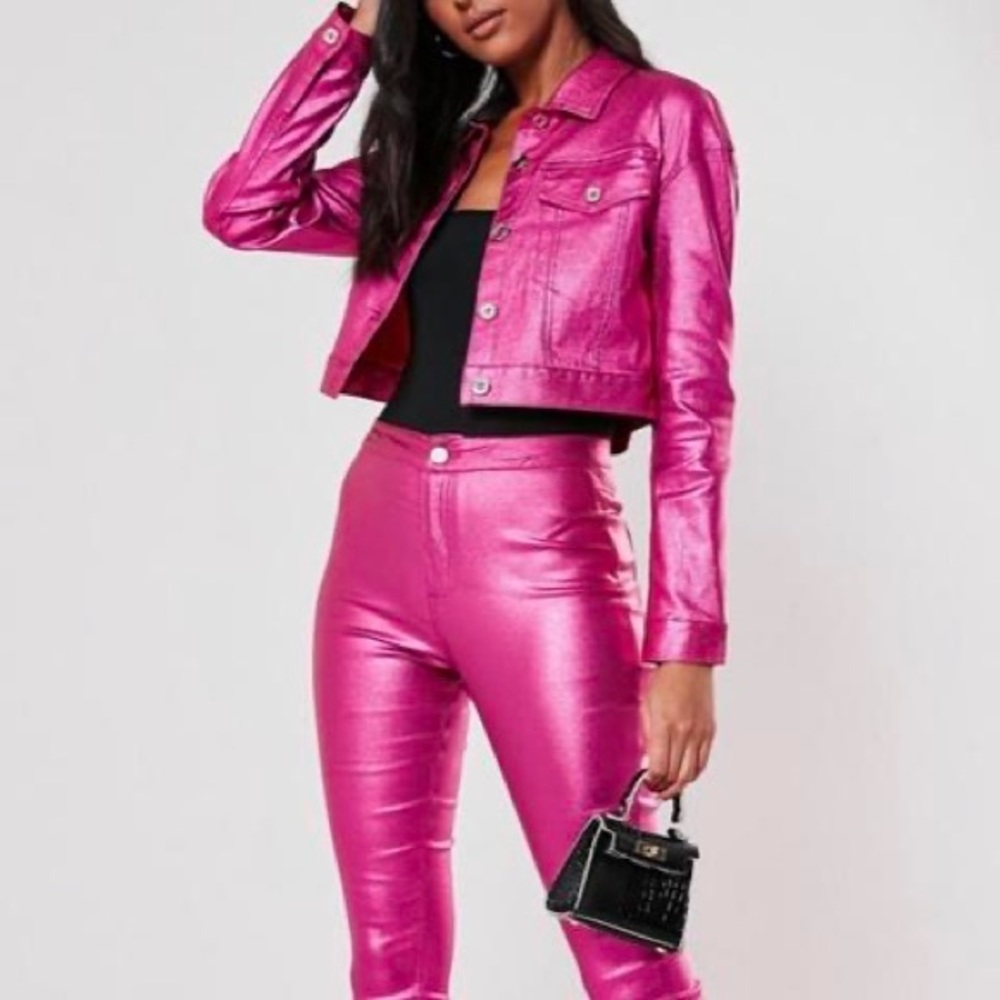 Missguided Pink Metallic Co-Ord Coated Denim